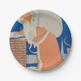 Prato De Papel Vintage Santa Claus em férias em Chimney