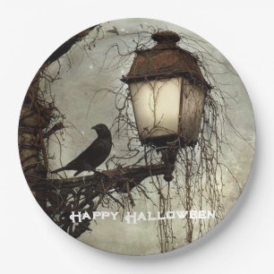 Prato De Papel Vintage Spooken Raven em Lanterna Halloween