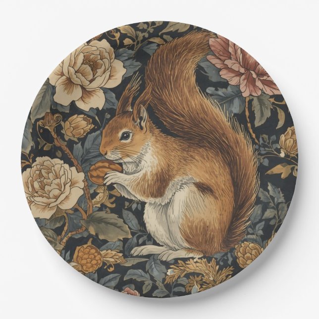 Prato De Papel Vintage Squirrel and Flowers Pattern (Frente)