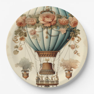 Prato De Papel Vintage Steampunk Floral Blue Balão de Ar Quente
