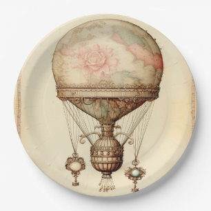 Prato De Papel Vintage Steampunk Floral Hot Air Balloon