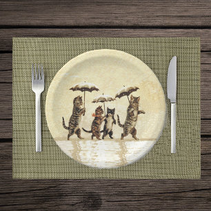 Prato De Papel Vintage Strike Cats Umbrellas Dançando Neve