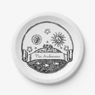 Prato De Papel Vintage Sun Moon Stars Ocean Planet Earth Desenho