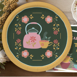 Prato De Papel Vintage Tea Party - Verde Escuro Amarelo Verde