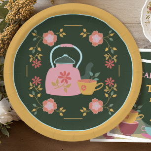 Prato De Papel Vintage Tea Party - Verde Escuro Amarelo Verde