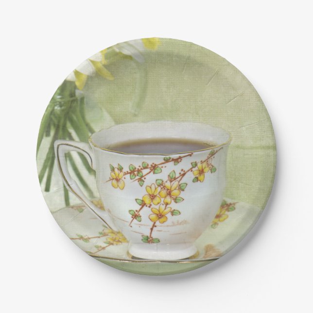 Prato De Papel vintage tea set com margarida (Frente)