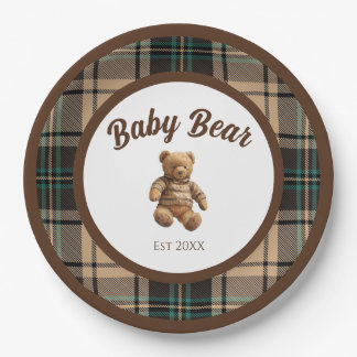 Prato De Papel Vintage Teddy Bear Plaid Baby Shower Plates