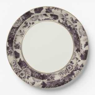 Prato De Papel Vintage Toile floral China fina de Brown do Sepia