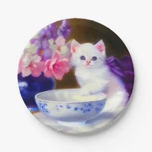 Prato De Papel Vintage White Kitten com Fita Roxa