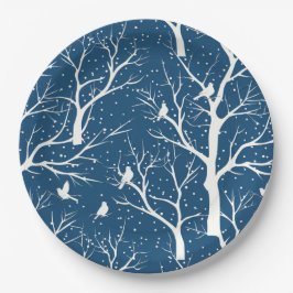 Prato De Papel Vintage Winter Sky White Birds Snowflakes
