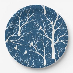 Prato De Papel Vintage Winter Sky White Birds Snowflakes