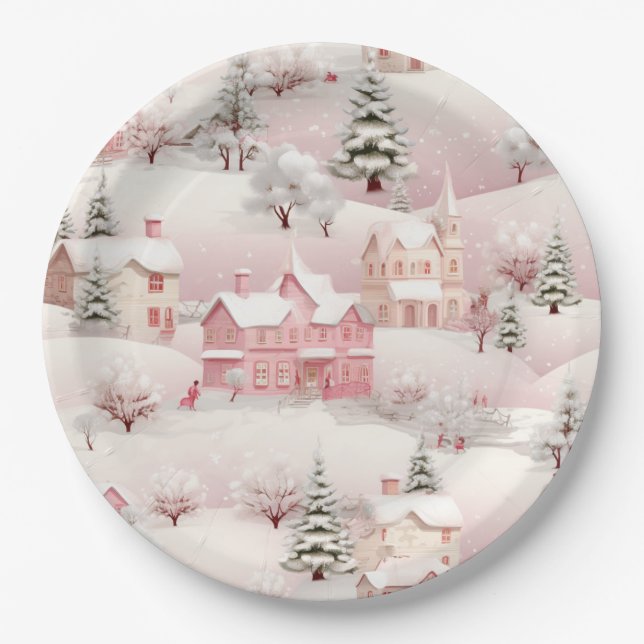 Prato De Papel Vintage Winter Snowy Village Scenery (Frente)