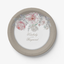 Prato De Papel Vintagem das flores de aquarelas brancas e cor-de-