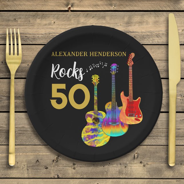 Prato De Papel Violão 50ª festa de aniversário 50 rochas (Rock and roll 50th birthday party paper plate personalized for him funky guitar gold and black)
