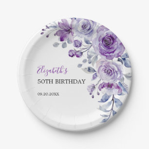 Prato De Papel Violet Rosa Greenery Floral Aniversário
