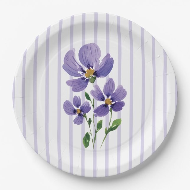 Prato De Papel violetas pintadas à aquarela com listras (Frente)