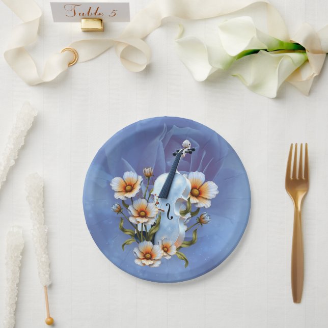 Prato De Papel Violino Branco com Flores - Música e Natureza Eleg (Casamento)