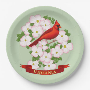 Prato De Papel Virginia State Cardinal Bird e Dogwood Flower
