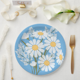 Prato De Papel Visitas Brancas Florais Elegantes em Azul