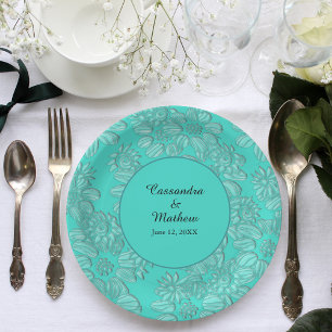 Prato De Papel Visitas Elegantes no Casamento Turquesa