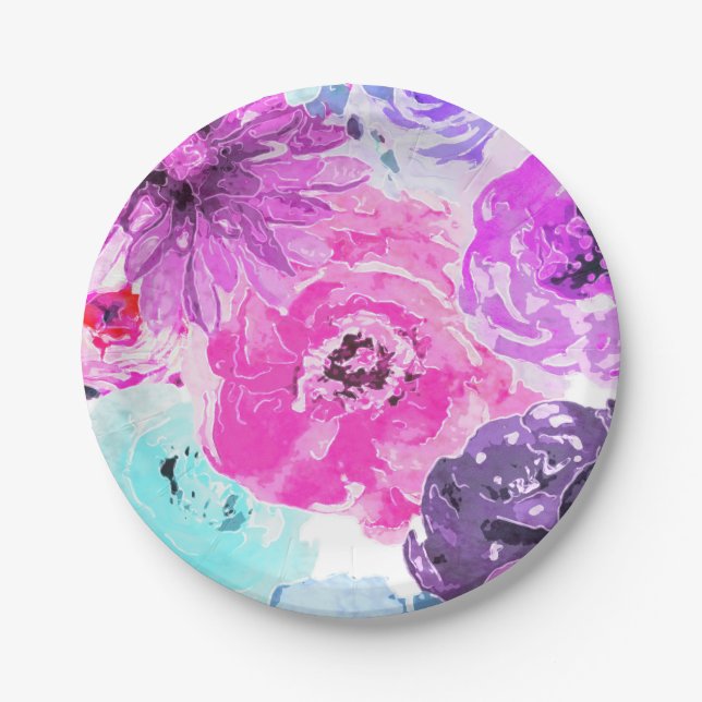 Prato De Papel Vívido Violeta Ousado Floral Flores Rosa Roxo Chic (Frente)