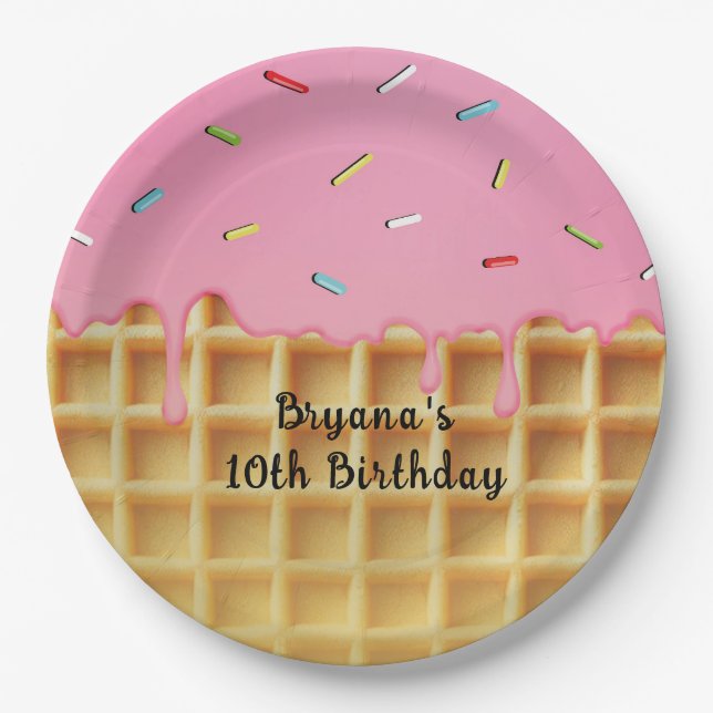 Prato De Papel Waffle de Sorvete de Morango de Aniversário (Frente)