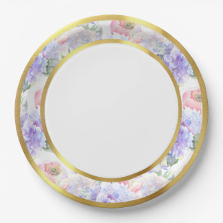 Prato De Papel Water Color Pastel Floral Gold Rim Paper Plate