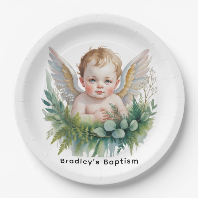 Prato De Papel Watercolor Baby Angel with Greenery Baptism  (Frente)
