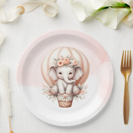 Prato De Papel Watercolor Baby Shower Peach Elephant
