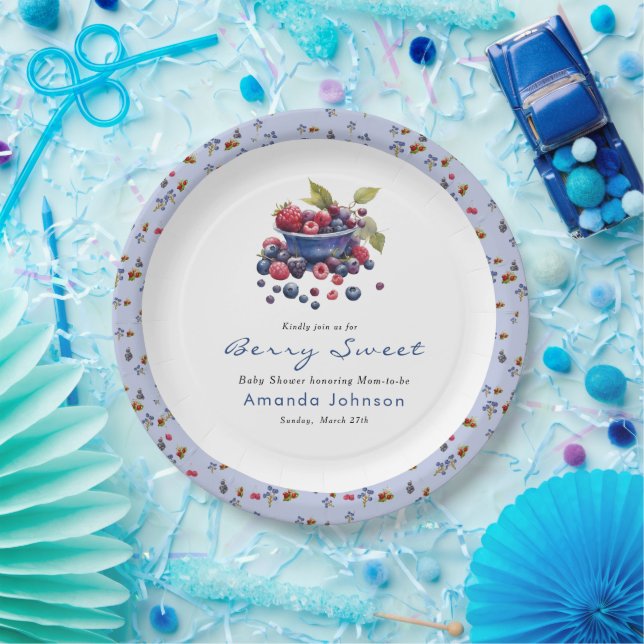 Prato De Papel Watercolor Berry Sweet Blueberries Baby Shower (Festa)