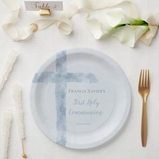 Prato De Papel watercolor blue cross  First Communion  (Casamento)