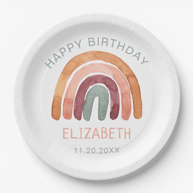 Prato De Papel Watercolor Boho Rainbow Happy Birday (Frente)