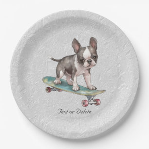 Prato De Papel Watercolor Boston Terrier Paper Plate