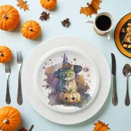 Prato De Papel Watercolor Cat Halloween