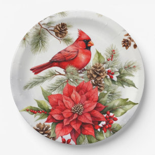 Prato De Papel Watercolor Christmas Red Cardinal and Poinsettia