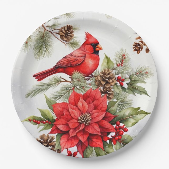 Prato De Papel Watercolor Christmas Red Cardinal and Poinsettia (Frente)