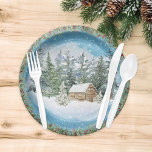 Prato De Papel Watercolor Christmas Winter Snowy Cabine<br><div class="desc">Uma cabana de aquarela é enterrada na floresta entre as árvores cobertas de neve,  com mais flocos de neve caindo. Uma coroa de verde de inverno adiciona um toque festivo à cena de Natal.</div>