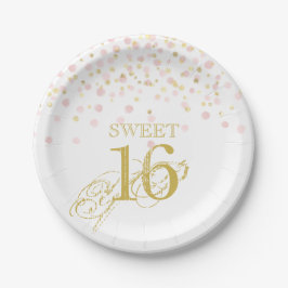 Prato De Papel Watercolor Confetti Sweet 16 rosa Elegante Dourado