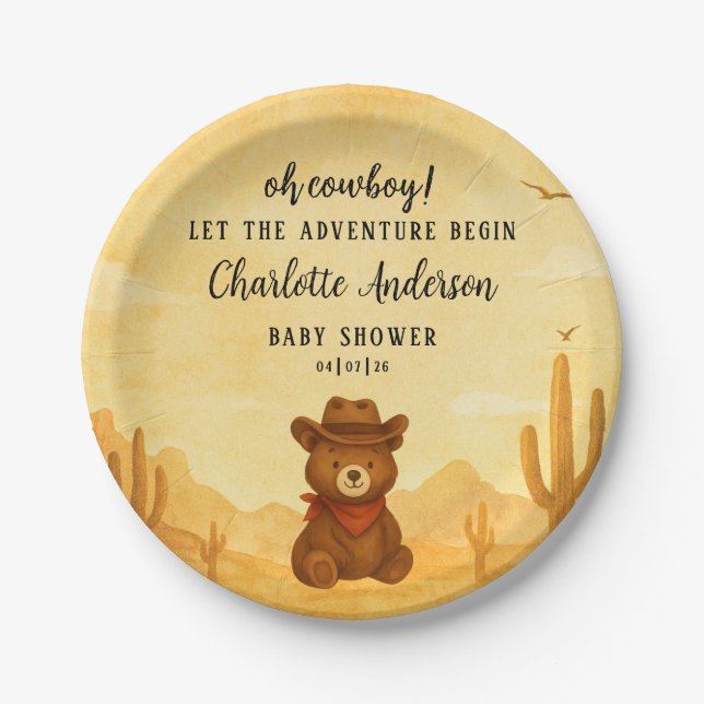 Prato De Papel Watercolor Cowboy Baby Shower Boy (Frente)