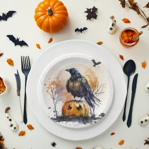 Prato De Papel Watercolor Crow Halloween