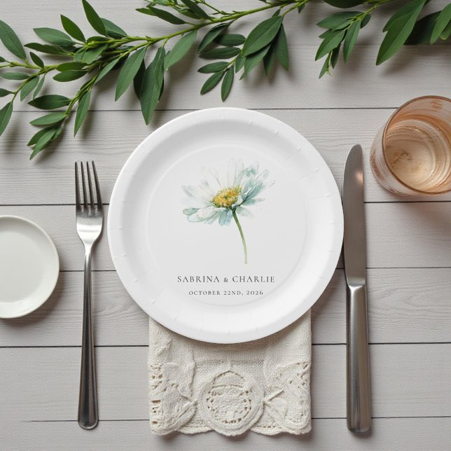 Prato De Papel Watercolor Daisy Elegant Floral Wedding (Watercolor Daisy Elegant Floral Wedding Paper Plates)