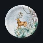 Prato De Papel Watercolor Deer Stag Winter Floral Christmas<br><div class="desc">Watercolor Deer Stag Winter Floral Christmas Folidays Party Plates apresenta uma marca de cor d'água com sotaque floral de madeira. Perfeito para o Natal,  feriado de inverno,  festas de aniversário e comemorações. Elaborado por ©Evco Holidays www.zazzle.com/store/evcoholidays</div>