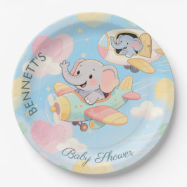 Prato De Papel Watercolor Elephant Airplane Baby Shower Plate