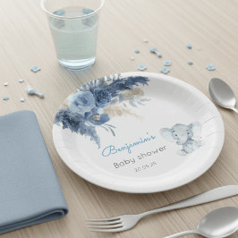 Prato De Papel Watercolor Elephant Baby Shower Plates for Boys