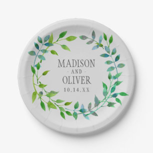 Prato De Papel Watercolor Green Leaf Wreath   Casamento