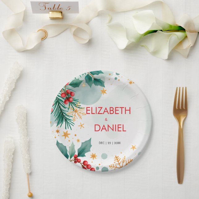 Prato De Papel Watercolor Holly Christmas Paper Plates (Casamento)