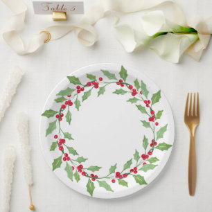 Prato De Papel Watercolor Holly Wreath