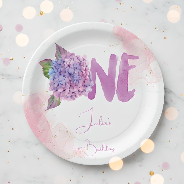 Prato De Papel Watercolor hydrangea Primeiro Aniversário (Criador carregado)