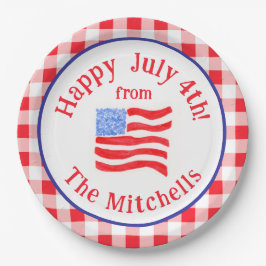 Prato De Papel Watercolor July 4th Flag Red Check NAME