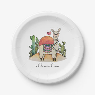 Prato De Papel Watercolor Llama Com Cactus